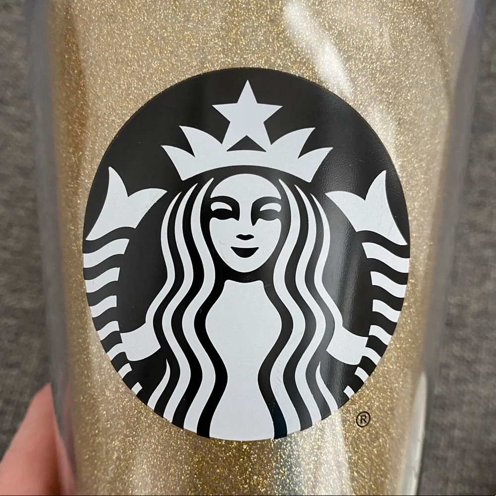 Starbucks Gold Glitter Tumbler Cold Beverage Cup Black Siren Logo NO STRAW 16 oz
